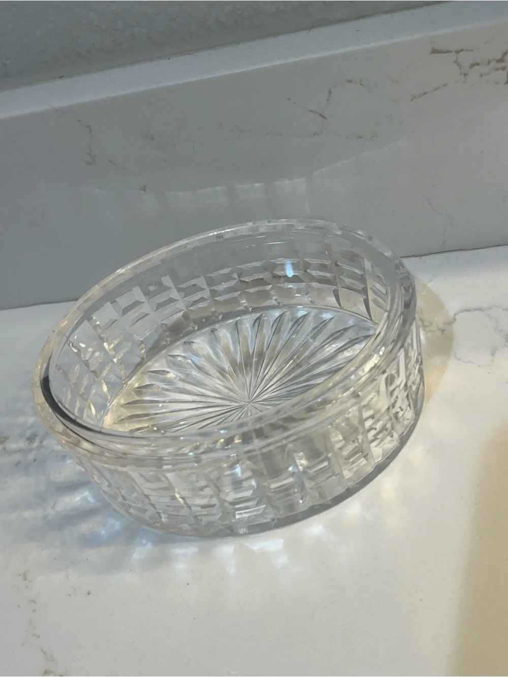 Crystal Glass Trinket Lidded Box intricate faceted panels with Pale Pink Ribbon